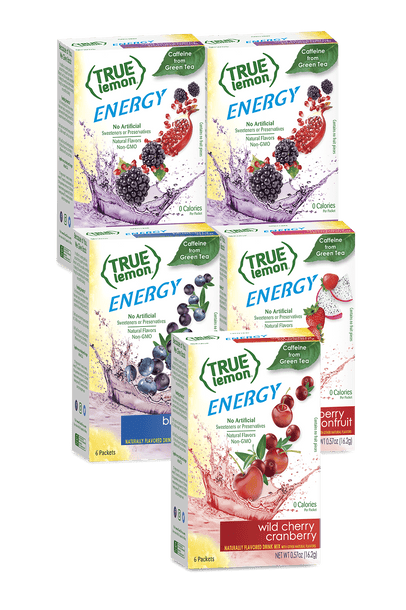 True Lemon Energy Assorted 5-Pack Hydration Kit. There are two boxes of True Lemon Wild Berry Pomegranate, one box of True Lemon Energy Blueberry Acai, one box of True Lemon Energy Strawberry Dragonfruit, and one box of True Lemon Energy Wild Cherry Cranberry. 