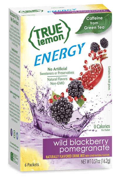A 6-count box of True Lemon Energy Wild Blackberry Pomegranate.