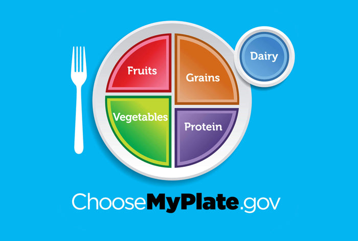 myplate diagram showing portions of fruits grains proteins vegetables and dairy