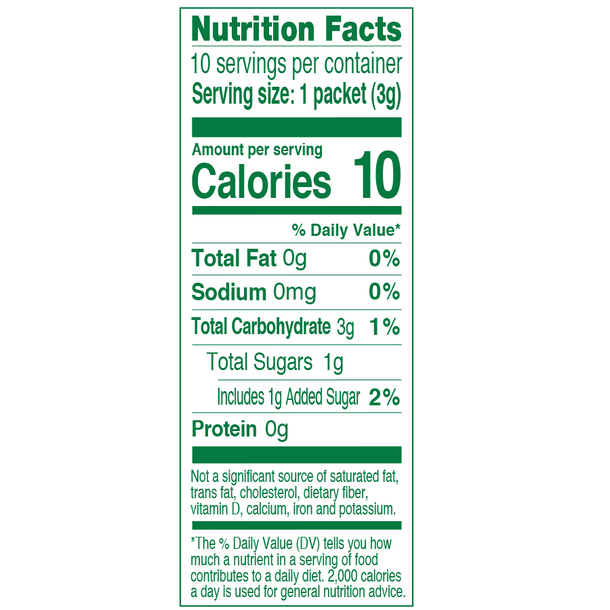 Nutrition facts of True Lemon Raspberry Lemonade. Each box has 10 packets and each packet has 10 calories, 3 grams of carbohydrates, and 1 gram of sugar.