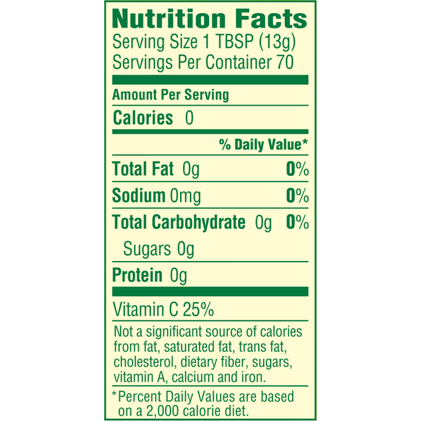 Nutrition Facts for True Lemon Juice Mix. There are 70 servings of 1 tablespoon per container, and each serving has zero calories. 