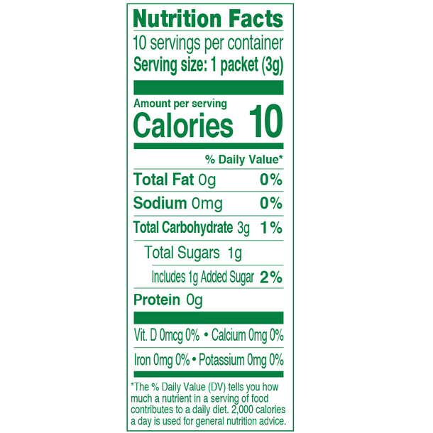 Nutrition Facts of True Lemon Peach Lemonade. Each box has 10 packets, and each packet contains 10 calories, 3 grams of carbohydrates, and 1 gram of sugar.