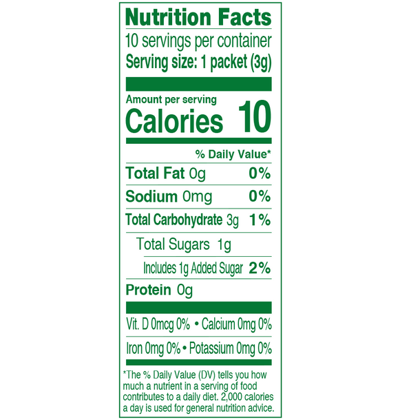 Nutrition Facts for True Orange Mango Orangeade. Each box has 10 packets, and each packet contains 10 calories, 3 grams of carbohydrates, and 1 gram of sugar.