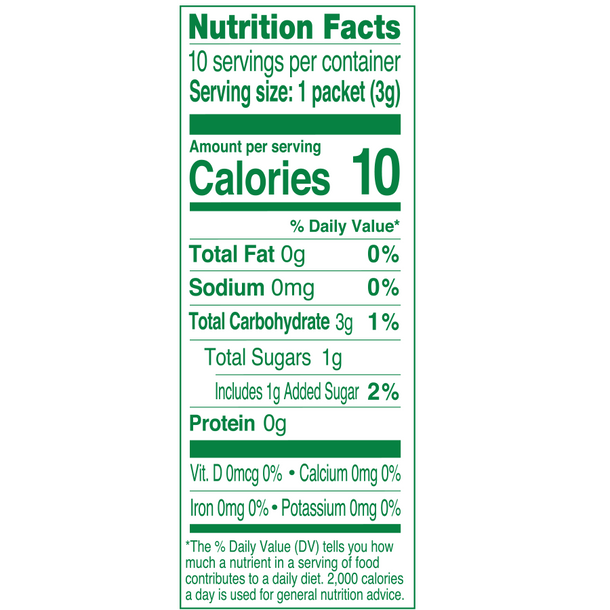 Nutrition facts of True Lemon Strawberry lemonade. There are 10 packets per box and each packet contains 10 calories, 3 grams of carbohydrates, and 1 gram of sugar.
