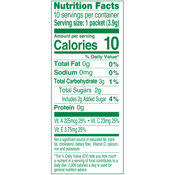Nutrition facts for a box of True Lemon Kids Pink Lemonade. There are 10 calories, 3 grams of carbohydrates, and 2 grams of sugar per packet.