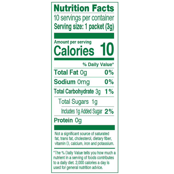 Nutrition Facts of True Lemon Wildberry Lemonade. Each box has 10 packets, and each packet contains 10 calories, 3 grams of carbohydrates, and 1 gram of sugar. 