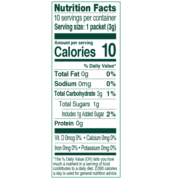 Nutrition Facts of True Lime Watermelon Limeade. There are 10 packets in a box, and in each packet there are 10 calories, 3 grams of carbohydrates, and 1 gram of sugar. 