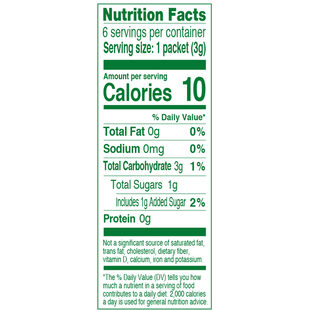 Nutrition Facts for True Lemon Iced Tea. A box has 6 packets, and each packet contains 10 calories, 3 grams of carbohydrates, and 1 gram of sugar. 
