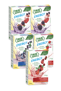 True Lemon Energy Assorted 5-Pack Hydration Kit. There are two boxes of True Lemon Wild Berry Pomegranate, one box of True Lemon Energy Blueberry Acai, one box of True Lemon Energy Strawberry Dragonfruit, and one box of True Lemon Energy Wild Cherry Cranberry. 