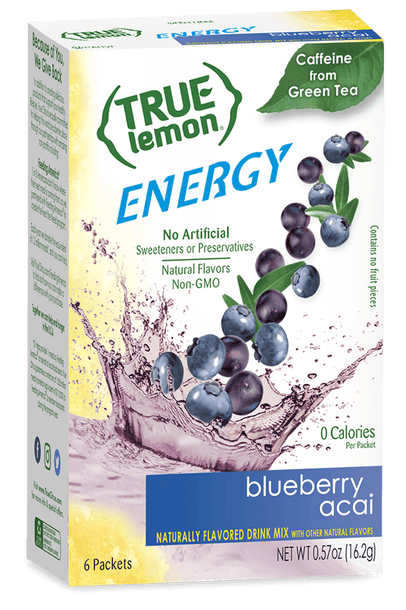 A 6-count box of True Lemon Energy Blueberry Acai.
