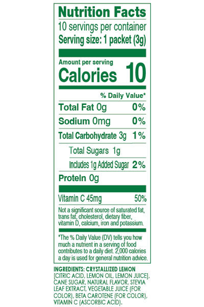 Ingredients and nutrition panel, only 10 calories