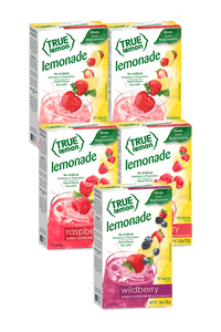 5-pack-of-true-lemon-berry-lemonade-drink-mixes. There are two boxes of True Lemon Strawberry Lemonade, two boxes of True Lemon Raspberry Lemonade, and one box of True Lemon Wildberry Lemoande.