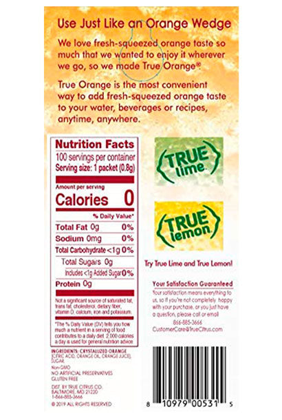 Nutrition and ingredients, crystalized orange, citric acid, orange oil, orange juice and sugar